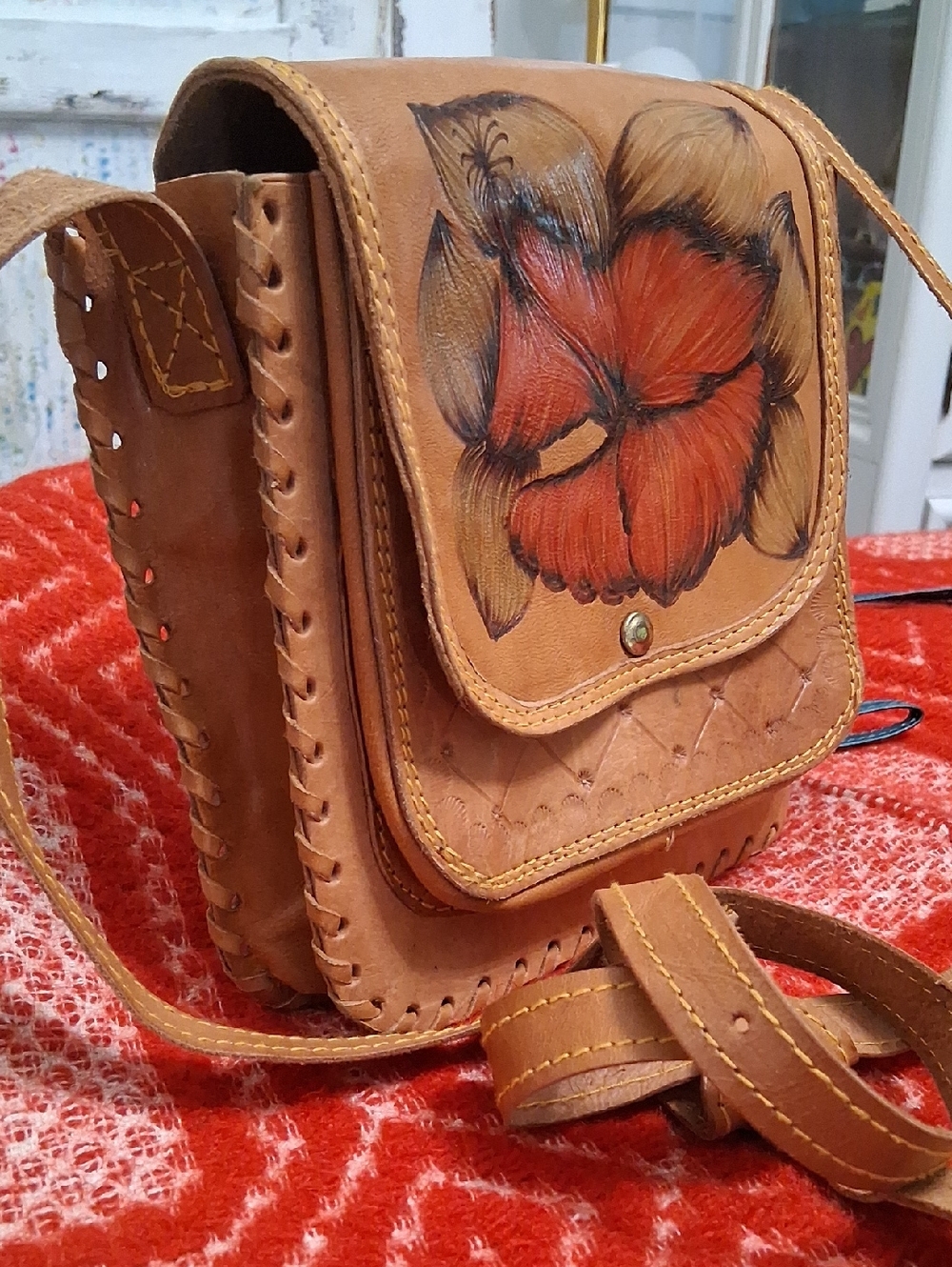 VINTAGE MEXICAN Hand Tooled Painted Leather Crossbody Bag with Red Floral Motif